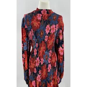 Farm Rio Garden Navy Smocked Mini Dress Floral Long Sleeve Short Fit FlareXL